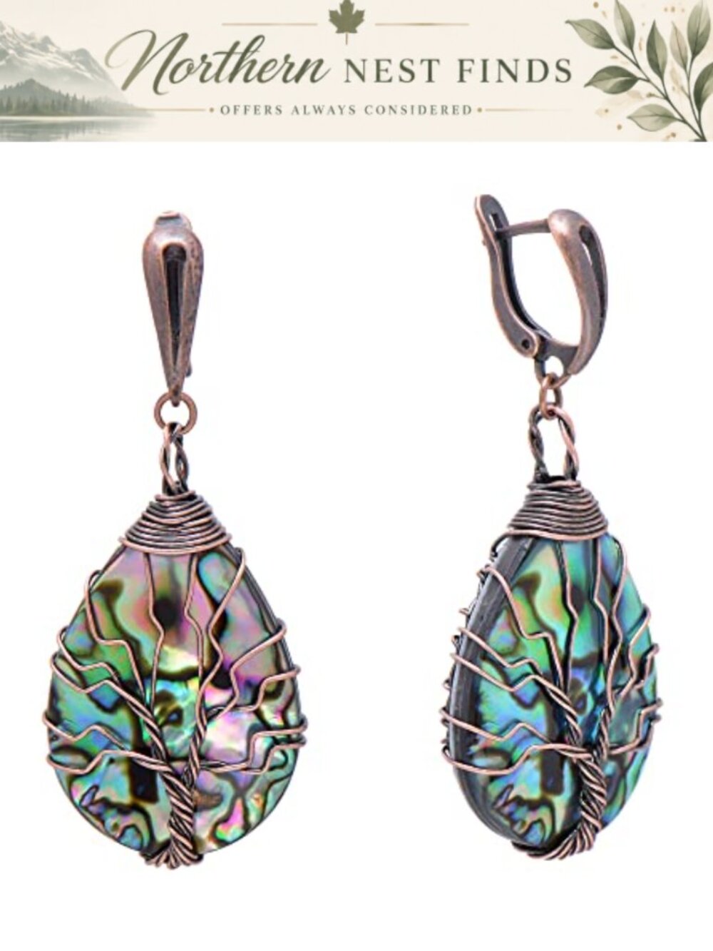 Tree of Life Abalone Shell Dangle Earrings Women Handmade Copper Wire